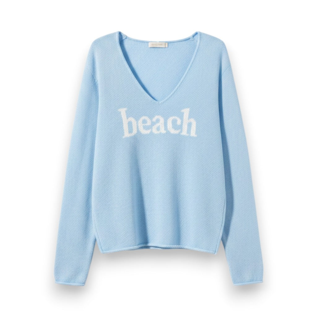 Mellow Monkey light blue lightweight cotton-blend sweater with white BEACH graphic and V-neckline