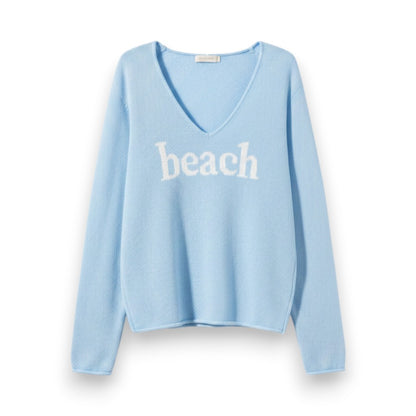Mellow Monkey light blue lightweight cotton-blend sweater with white BEACH graphic and V-neckline