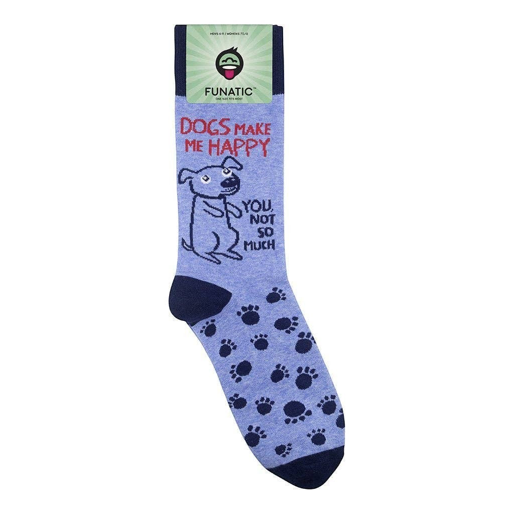 Mellow Monkey light blue novelty socks featuring a cartoon dog, paw prints, and the text Dogs Make Me Happy