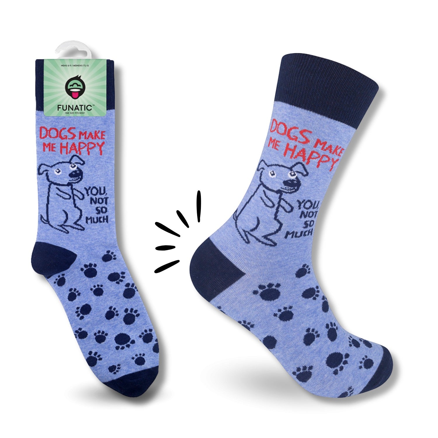 Mellow Monkey light blue novelty socks featuring a cartoon dog, paw prints, and the text Dogs Make Me Happy