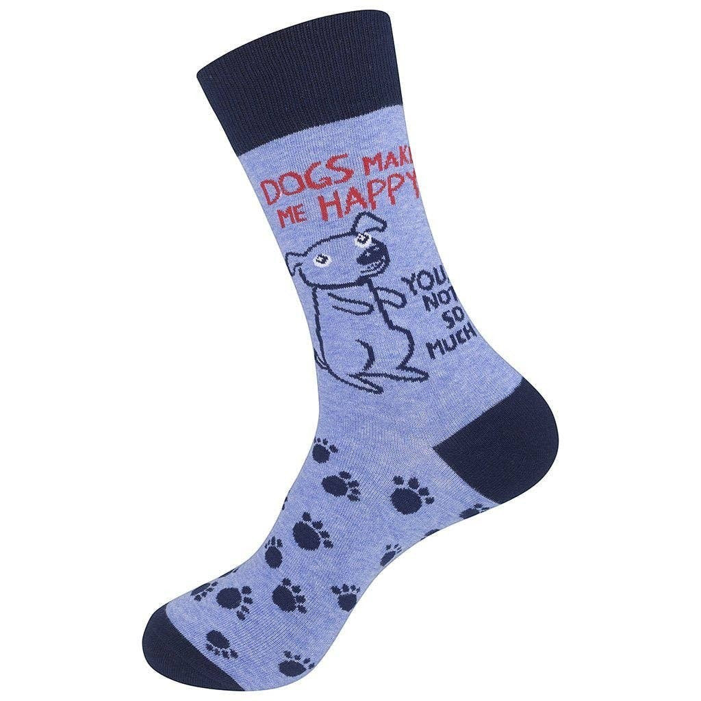 Mellow Monkey light blue novelty socks featuring a cartoon dog, paw prints, and the text Dogs Make Me Happy