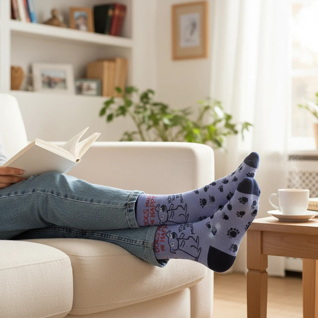 Mellow Monkey light blue crew socks with dog graphics and text worn by a person relaxing on a sofa with a book.