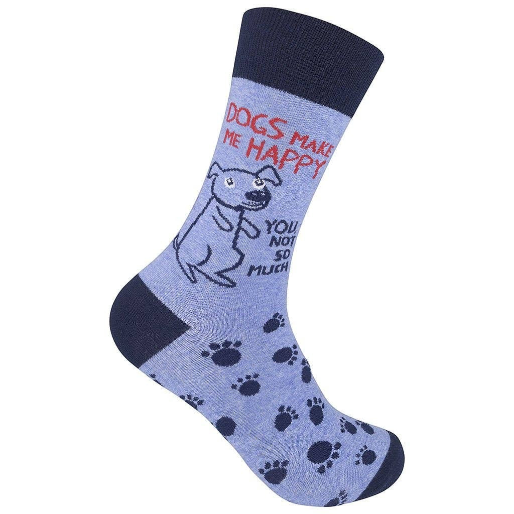 Mellow Monkey light blue novelty socks featuring a cartoon dog, paw prints, and the text Dogs Make Me Happy