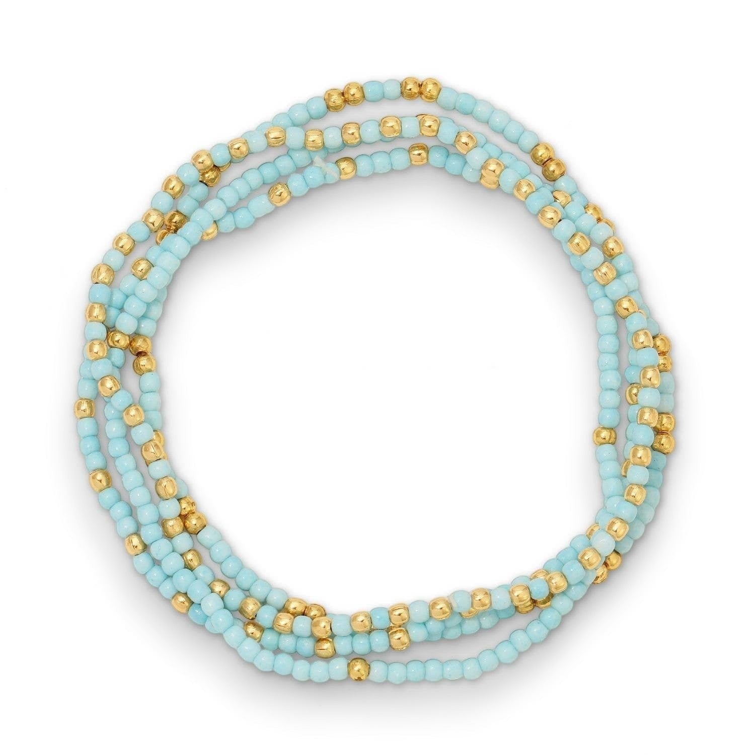 Mellow Monkey light blue seed bead stretch bracelet with 18K gold plated brass accents