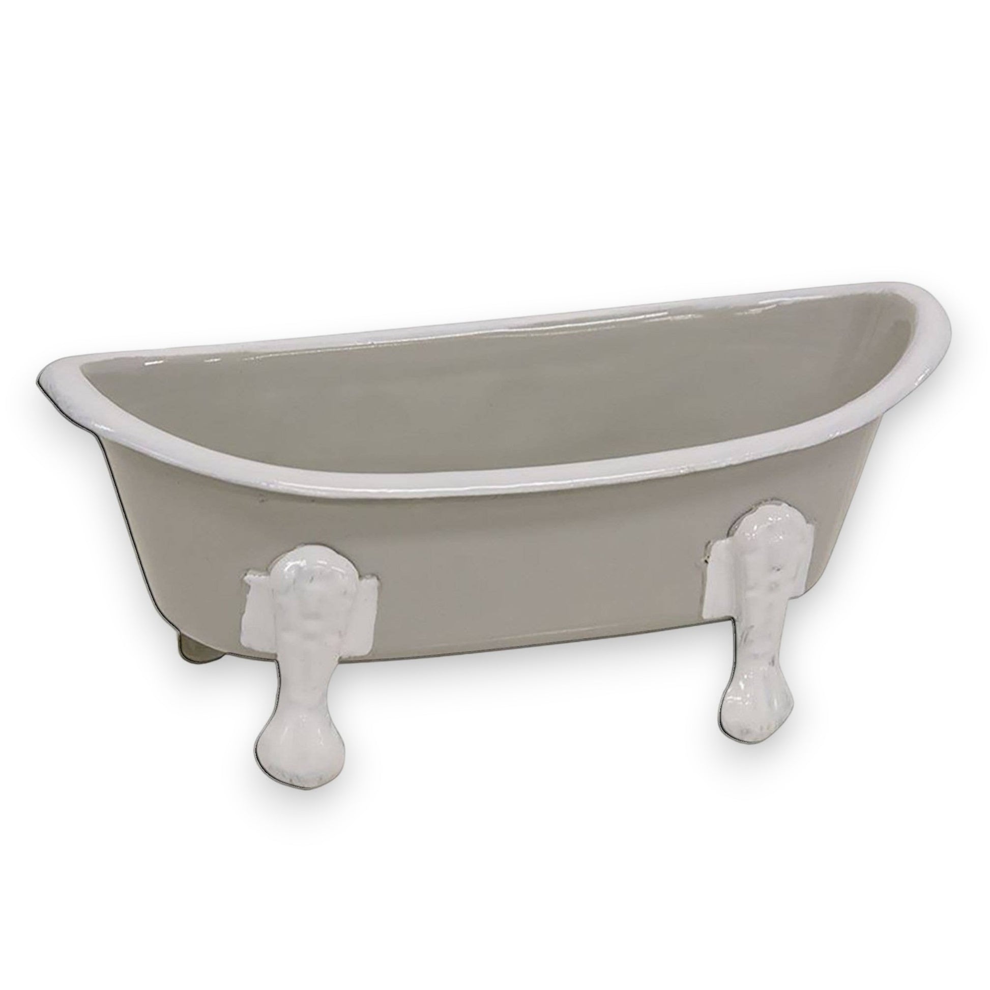 Mellow Monkey light gray iron bathtub soap dish with white rim and claw feet. Vintage design with drainage holes.