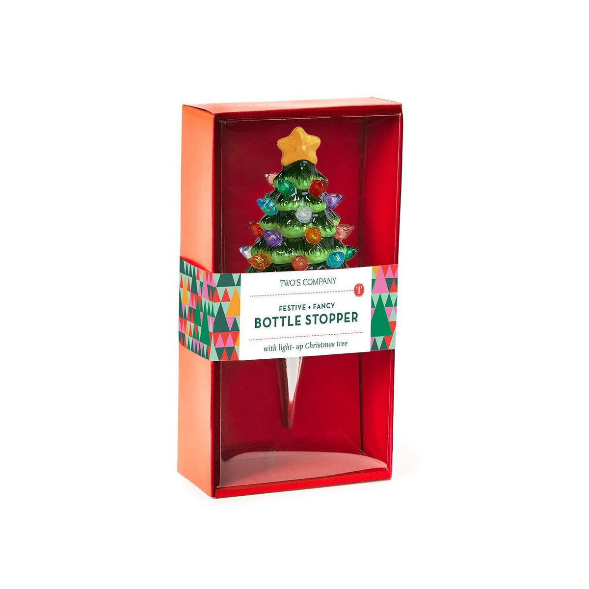 Mellow Monkey light-up Christmas tree bottle stopper with a yellow star topper in a festive red gift box.
