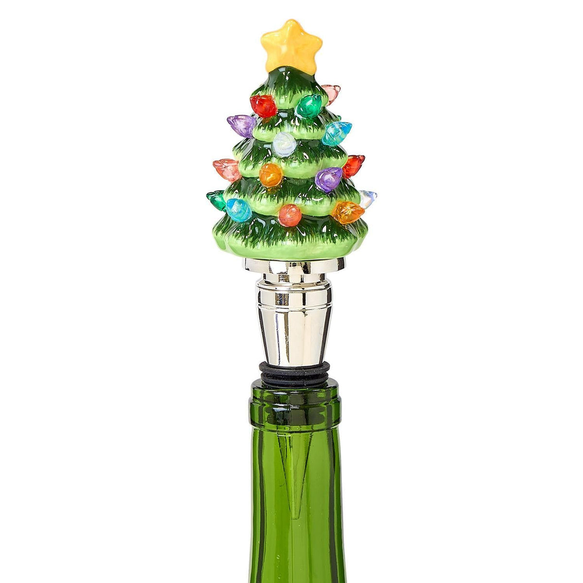 Mellow Monkey light-up ceramic Christmas tree bottle stopper with a yellow star topper and colorful mini lights.