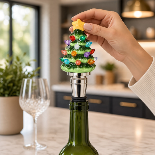 Mellow Monkey Light-Up Tree Bottle Stopper with colorful LED lights and a yellow star topper on a wine bottle