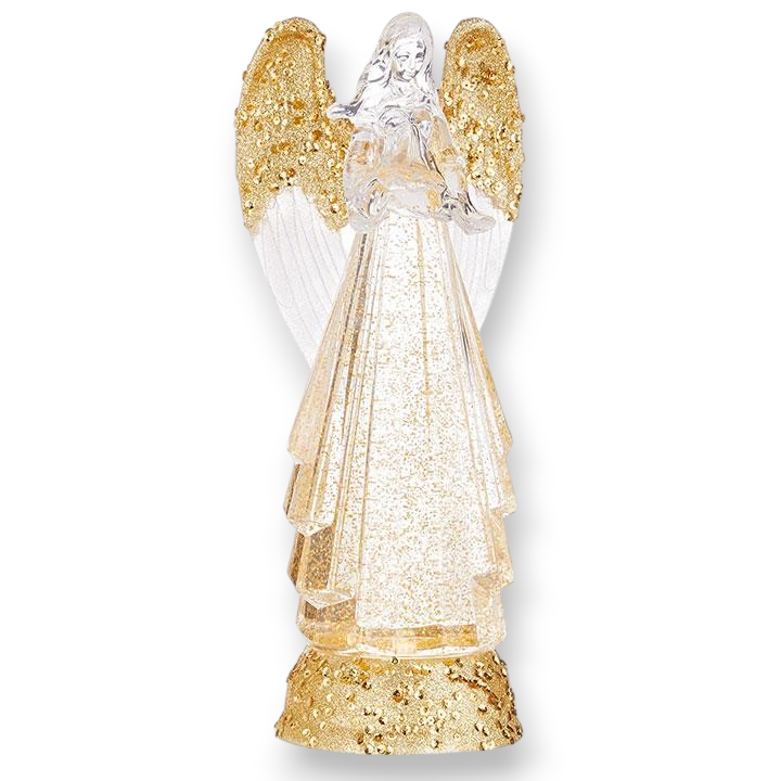 Mellow Monkey 13-inch acrylic angel water lantern with gold glitter wings and base and internal swirling lights
