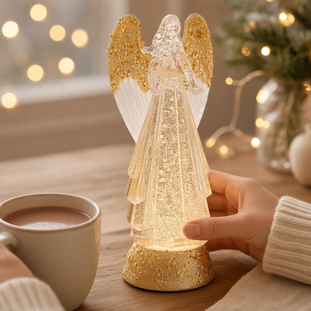 Mellow Monkey 13-inch lighted angel water lantern with gold glitter wings and base on a wooden table