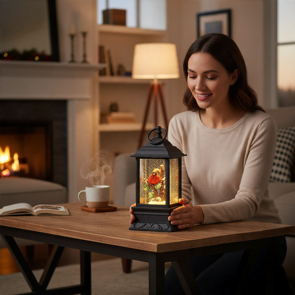 Mellow Monkey lighted water lantern snow globe with a cardinal inside, sitting on a wooden table in a cozy living room