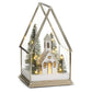 Mellow Monkey lighted church terrarium with miniature snowy trees and warm LED lights in a glass house frame