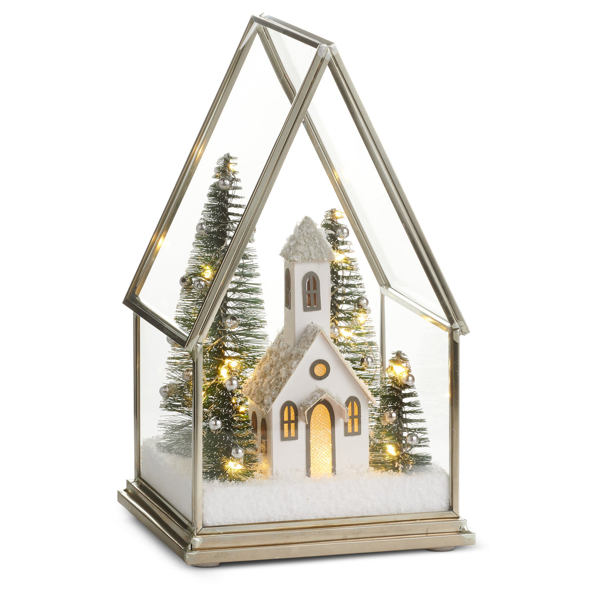 Mellow Monkey lighted church terrarium with miniature snowy trees and warm LED lights in a glass house frame