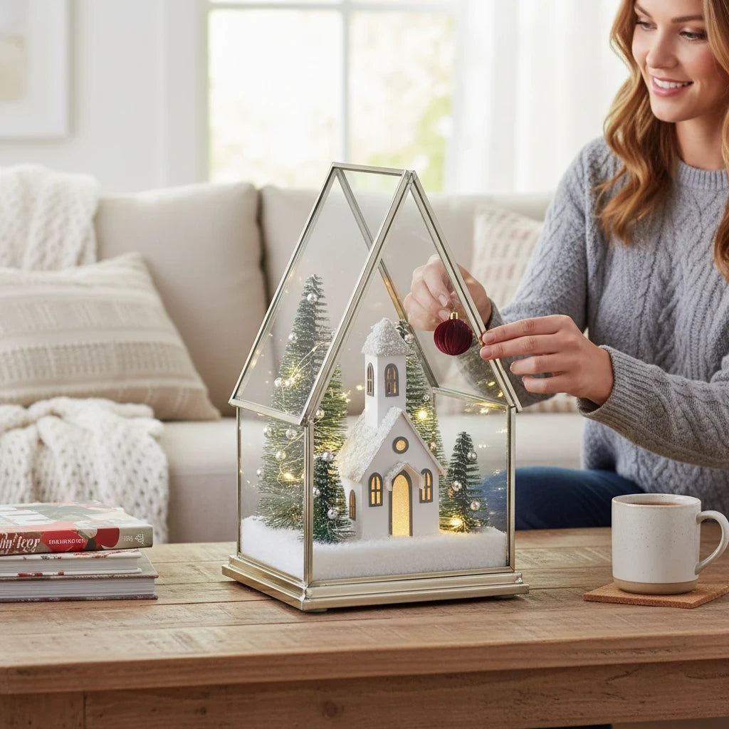 Mellow Monkey lighted church terrarium with miniature trees and snow inside a glass house on a wooden table