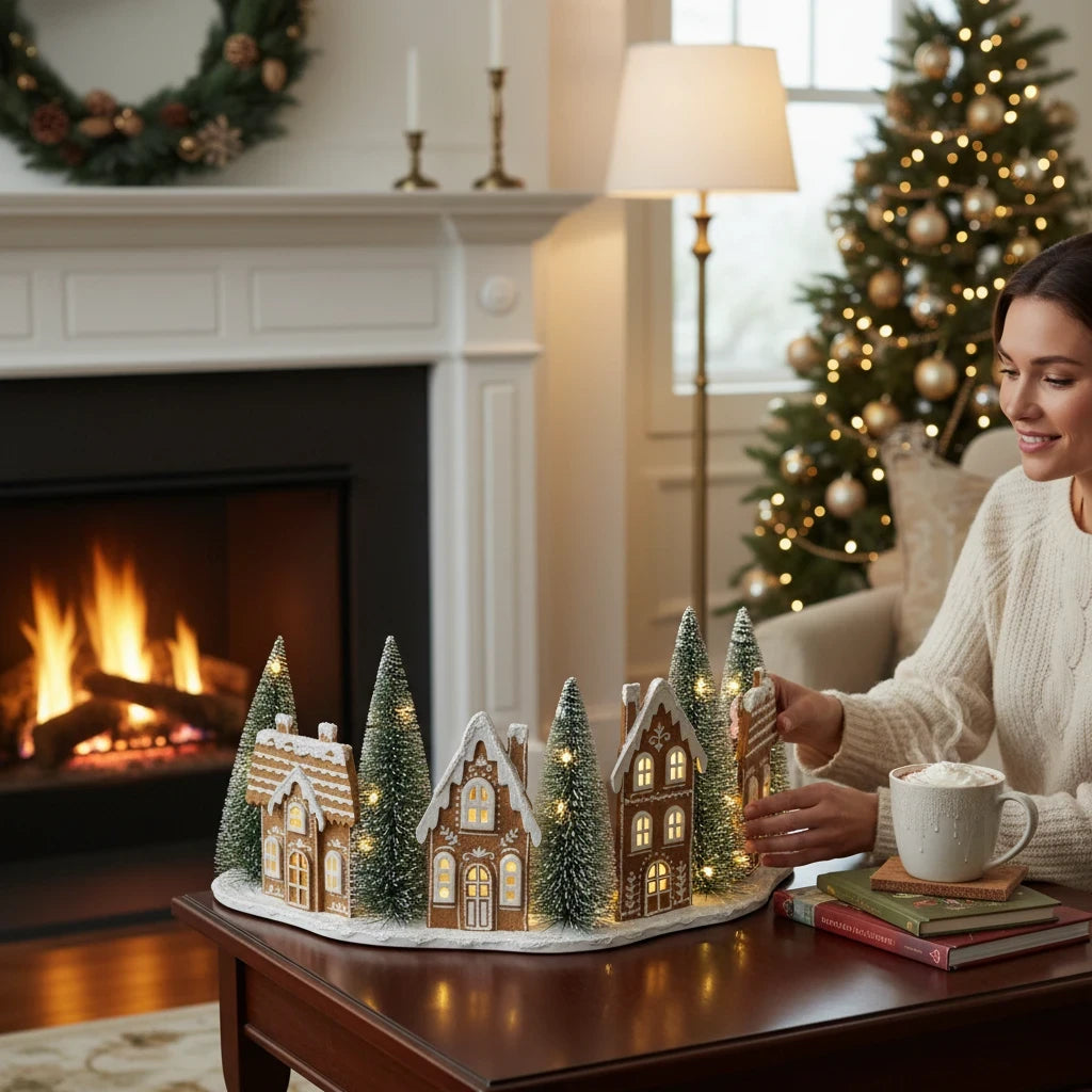 Mellow Monkey lighted gingerbread village half tree collar with LED lights and miniature pine trees on a coffee table