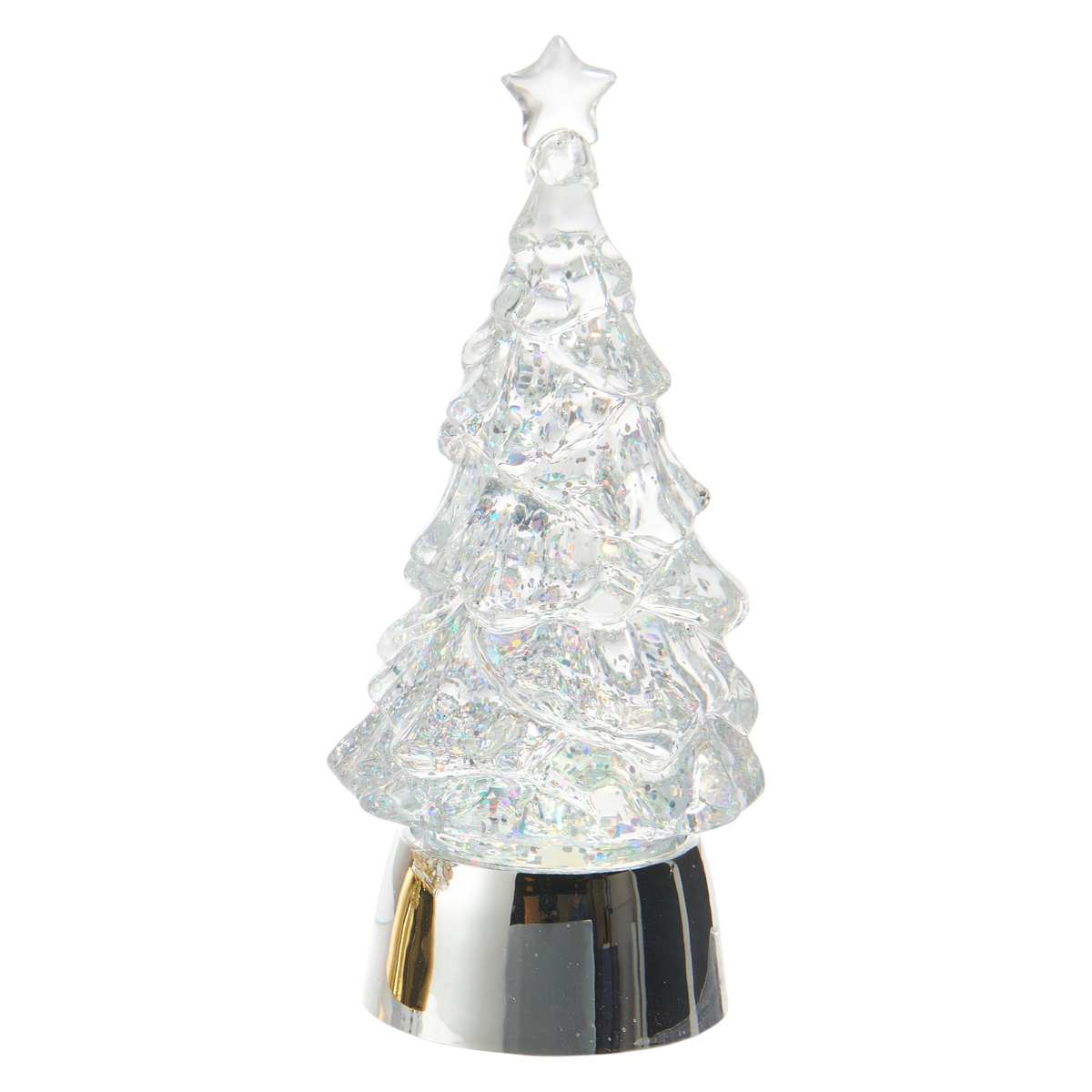 Mellow Monkey 5-inch lighted glitter water Christmas trees in gold and silver with swirling illuminated interiors