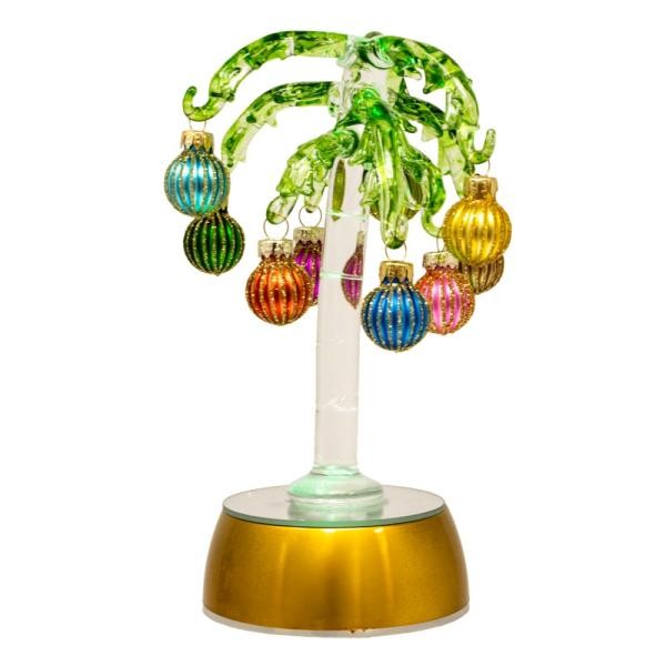 Mellow Monkey 9-inch lighted green glass palm tree tabletop decoration featuring colorful mini holiday ornaments.