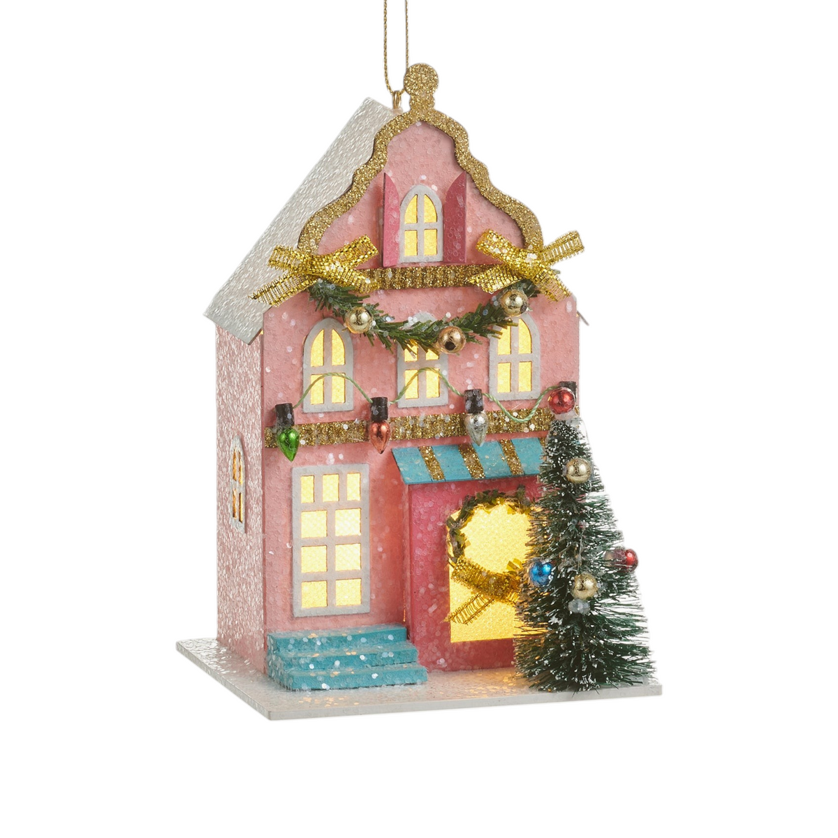 Mellow Monkey set of three multicolored lighted paper house ornaments with sisal accents and festive holiday decor