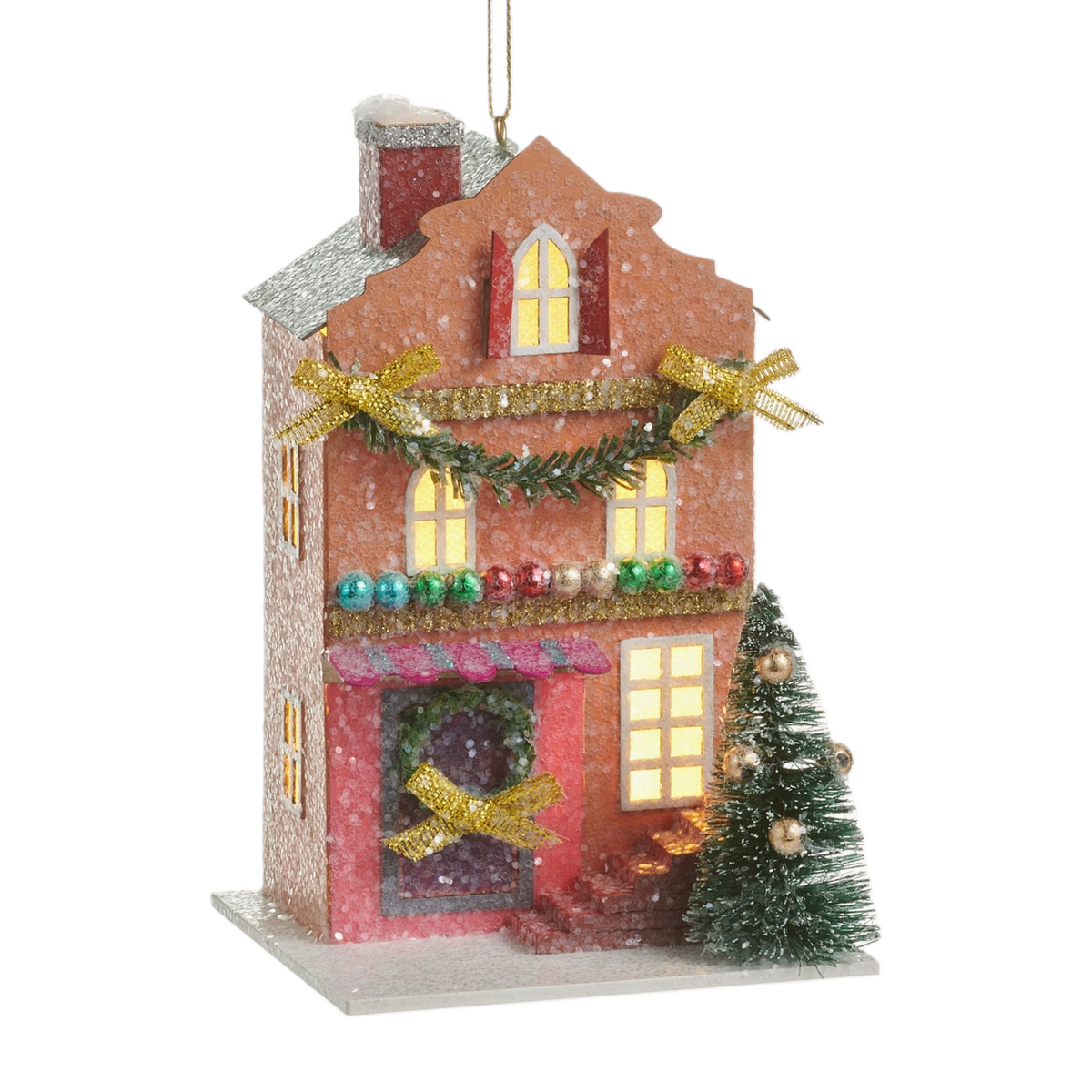 Mellow Monkey set of three multicolored lighted paper house ornaments with sisal accents and festive holiday decor