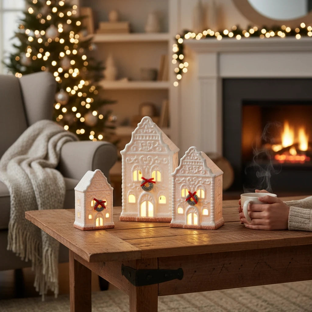 Mellow Monkey lighted porcelain holiday houses with festive wreaths on a wooden table in a cozy living room setting
