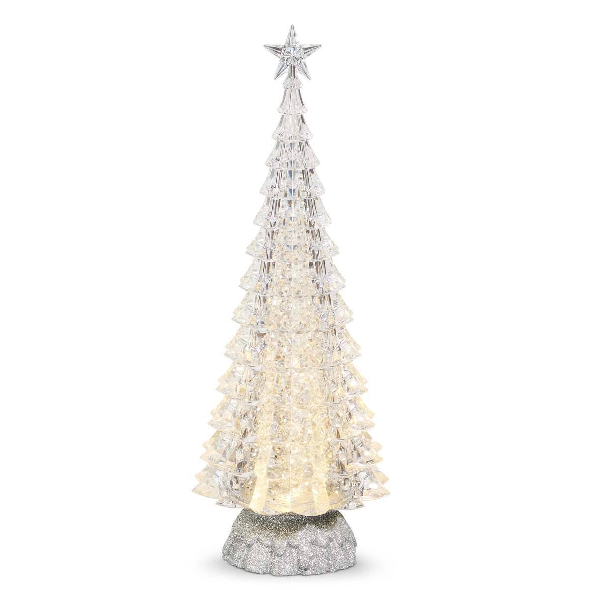 Mellow Monkey 15-inch silver tabletop Christmas tree with internal swirling glitter and warm LED lighting