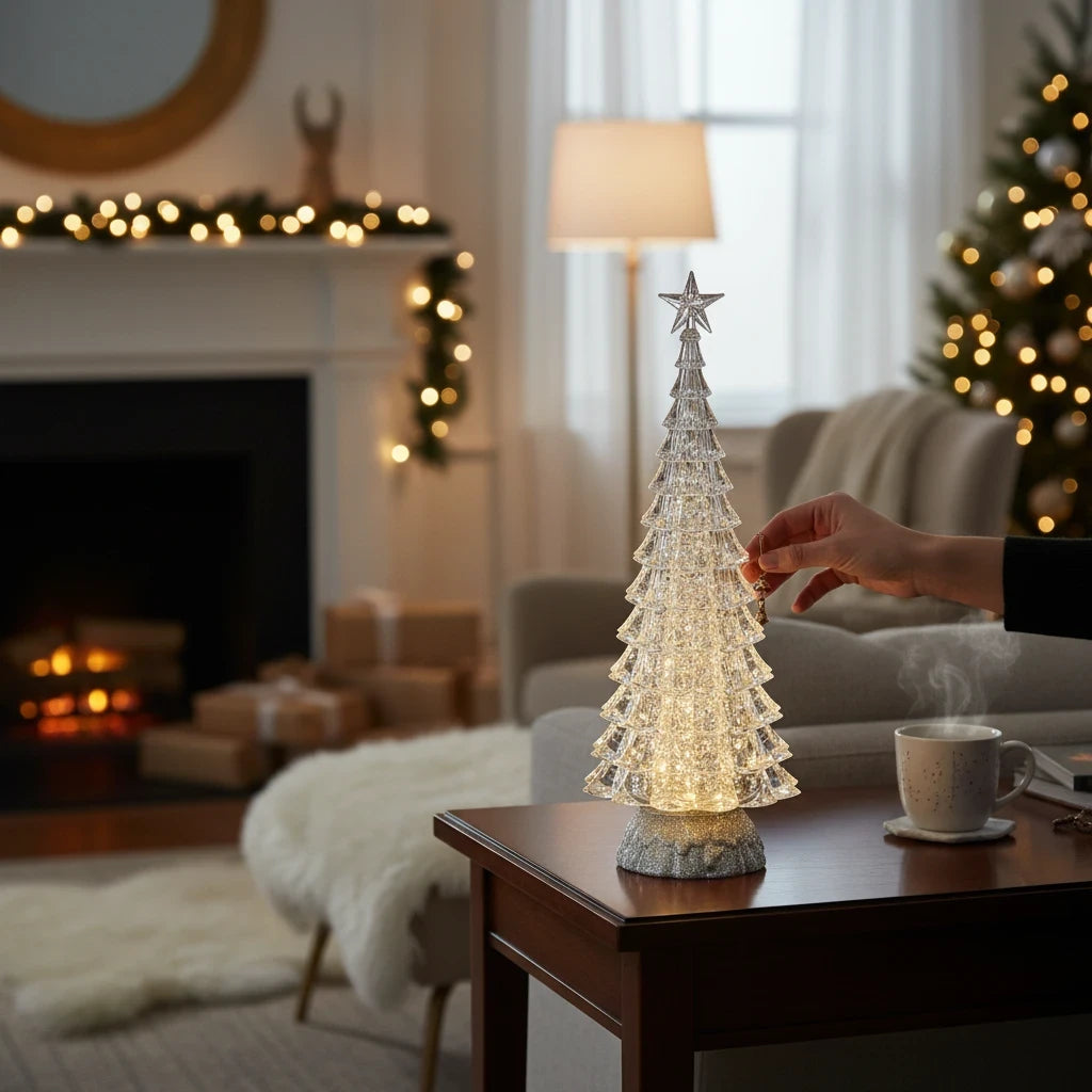 Mellow Monkey 15-inch silver tabletop Christmas tree with swirling glitter and warm LED lights on a wooden side table.