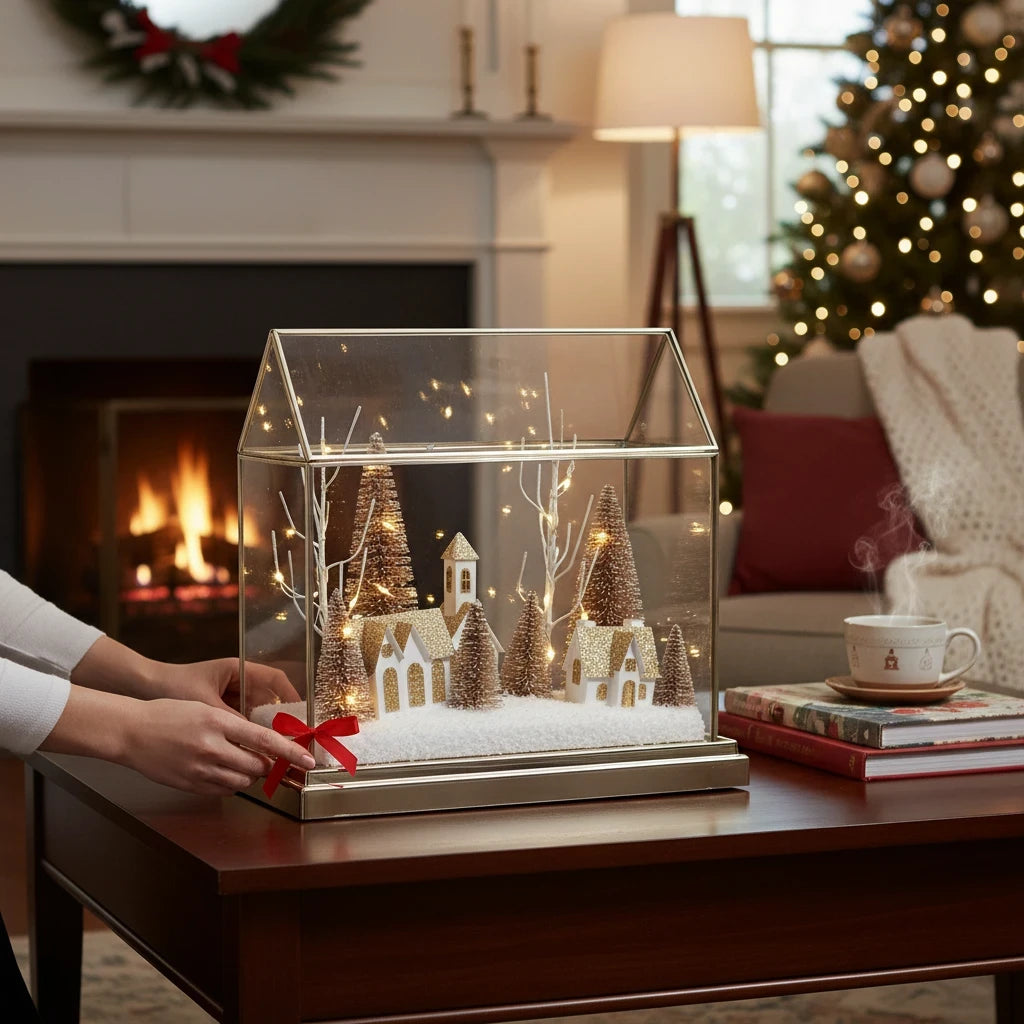 Mellow Monkey lighted snowy village terrarium with miniature houses and trees on a living room table at Christmas.