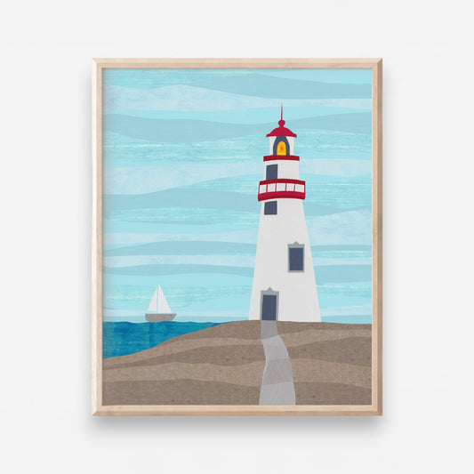 Mellow Monkey Marblehead Lighthouse nautical art print with sailboat and wood frame.