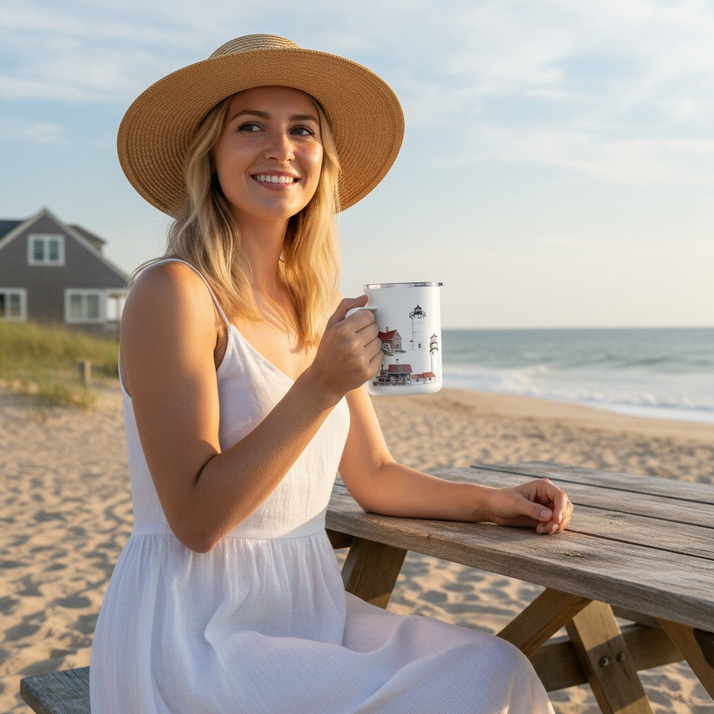 Woman in white dress and straw hat holding a Mellow Monkey stainless steel insulated mug with lighthouse art at beach