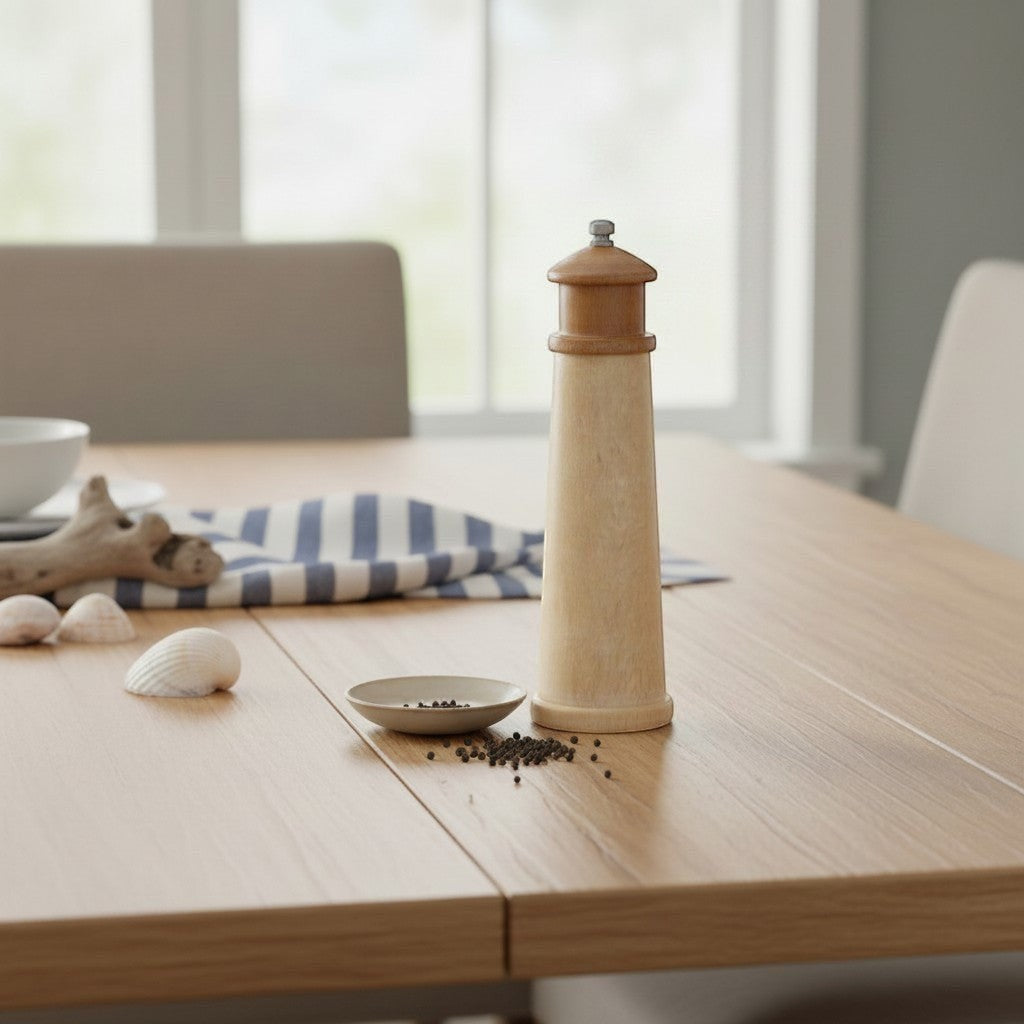 Mellow Monkey 8-inch lighthouse shaped salt and pepper mill made of natural rubberwood.