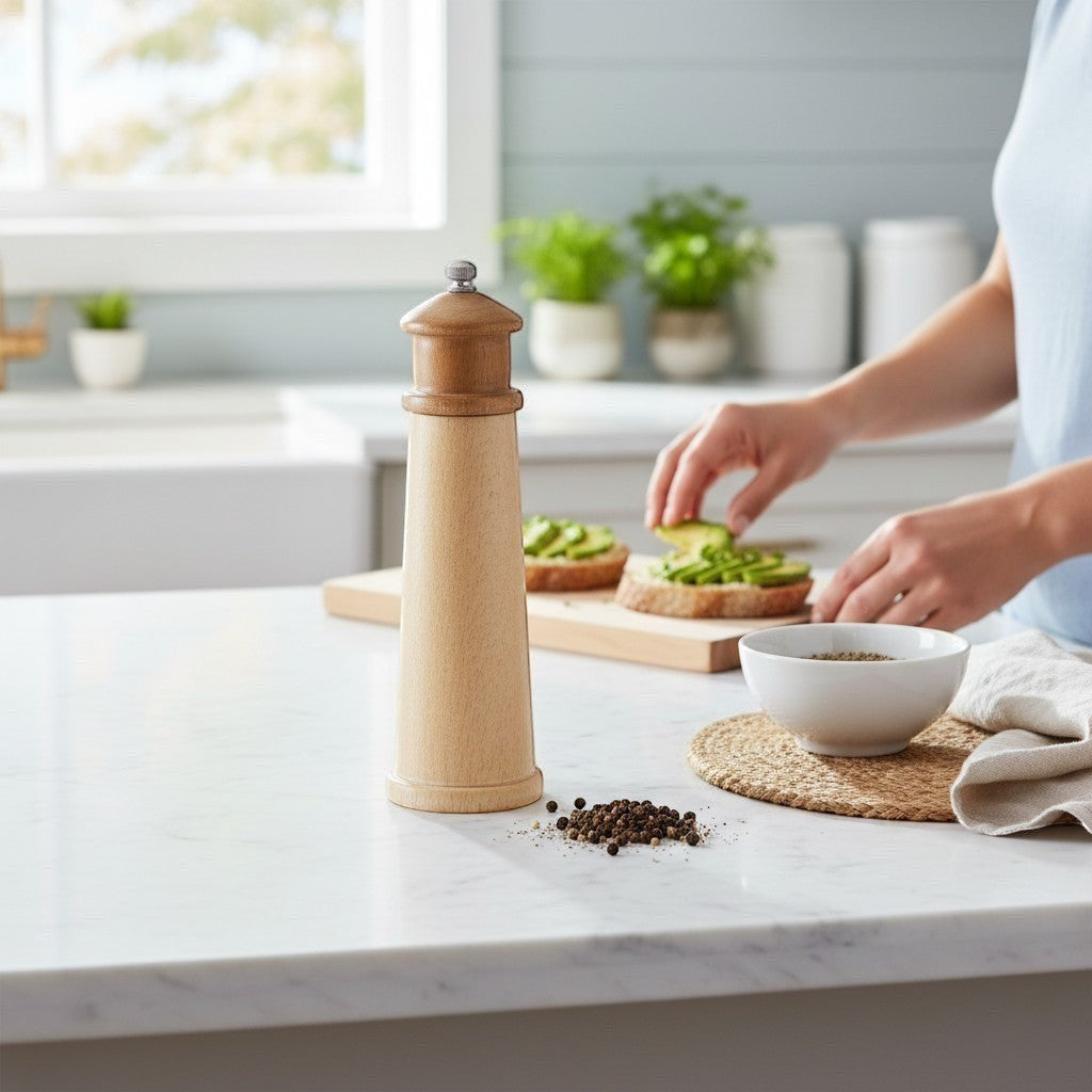 Mellow Monkey 8-inch lighthouse shaped salt and pepper mill, made of light-colored rubberwood with a natural finish.
