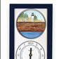 Mellow Monkey navy blue wood framed tide clock featuring Marshall Point Lighthouse illustration and a functional tide dial.