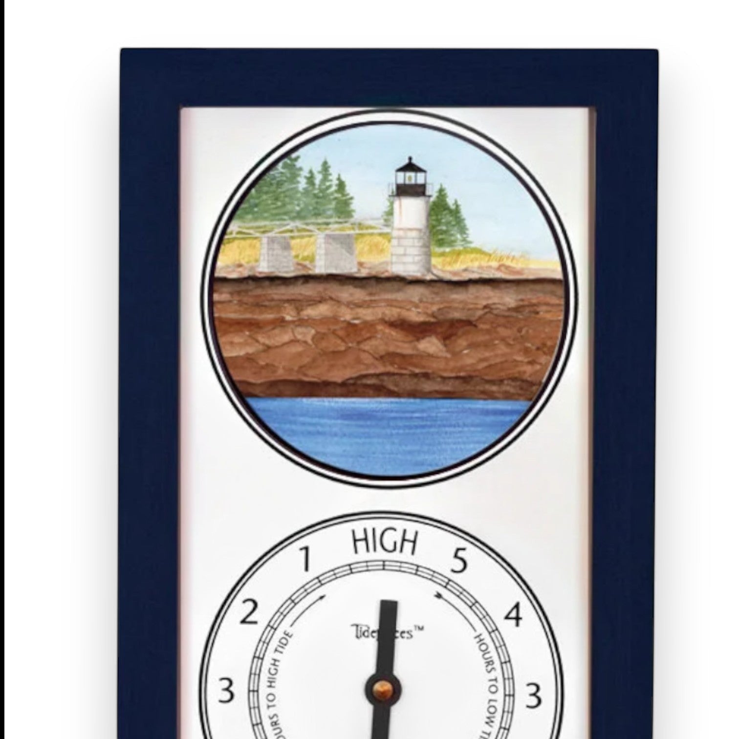 Mellow Monkey navy blue wood framed tide clock featuring Marshall Point Lighthouse illustration and a functional tide dial.