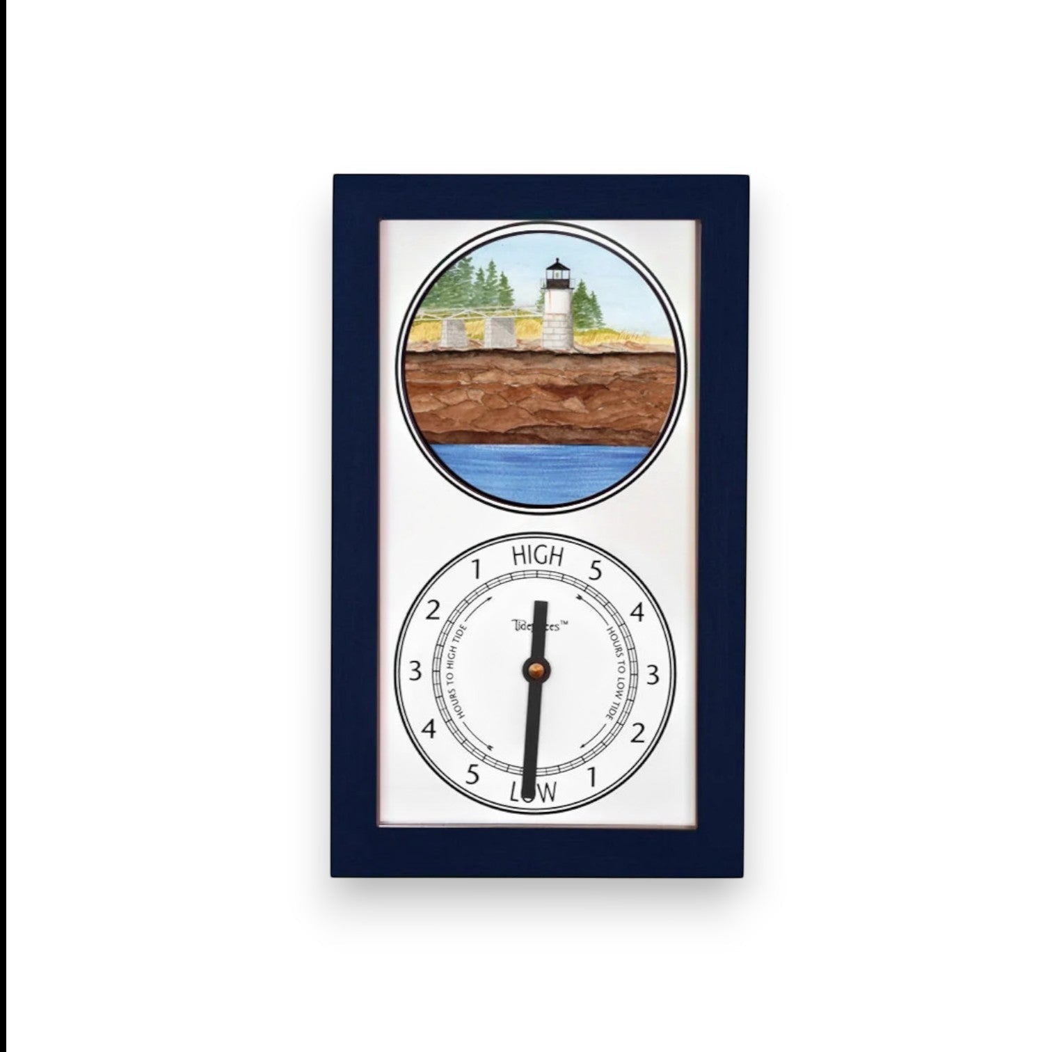 Mellow Monkey navy blue wooden tide clock featuring Marshall Point Lighthouse illustration and a dial indicating hours to high and low tide.