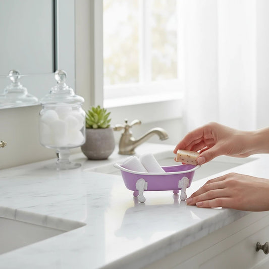 Mellow Monkey Lilac Iron Bathtub Soap Dish with white feet and rim, holding small soap bar and rolled towels.