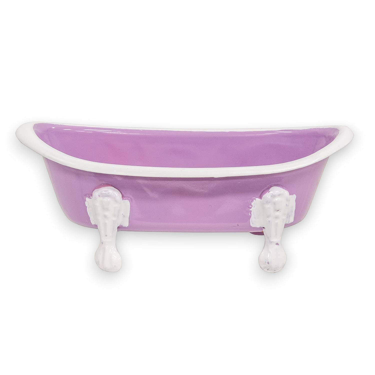 Mellow Monkey Lilac Iron Bathtub Soap Dish with white rim and feet, features drainage holes.