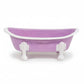 Mellow Monkey Lilac Iron Bathtub Soap Dish with white rim and claw feet. Features drainage holes.