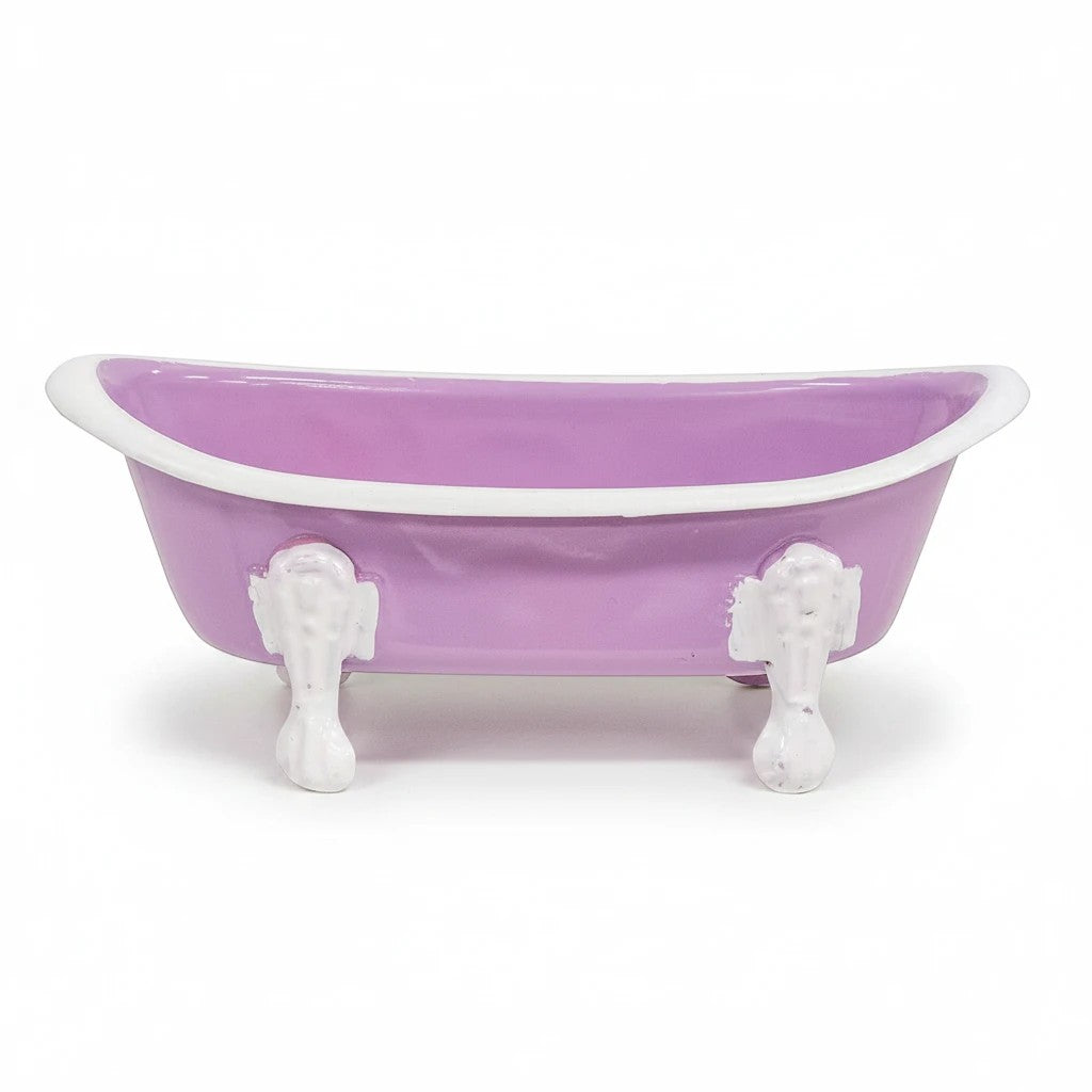 Mellow Monkey Lilac Iron Bathtub Soap Dish with white rim and claw feet. Features drainage holes.