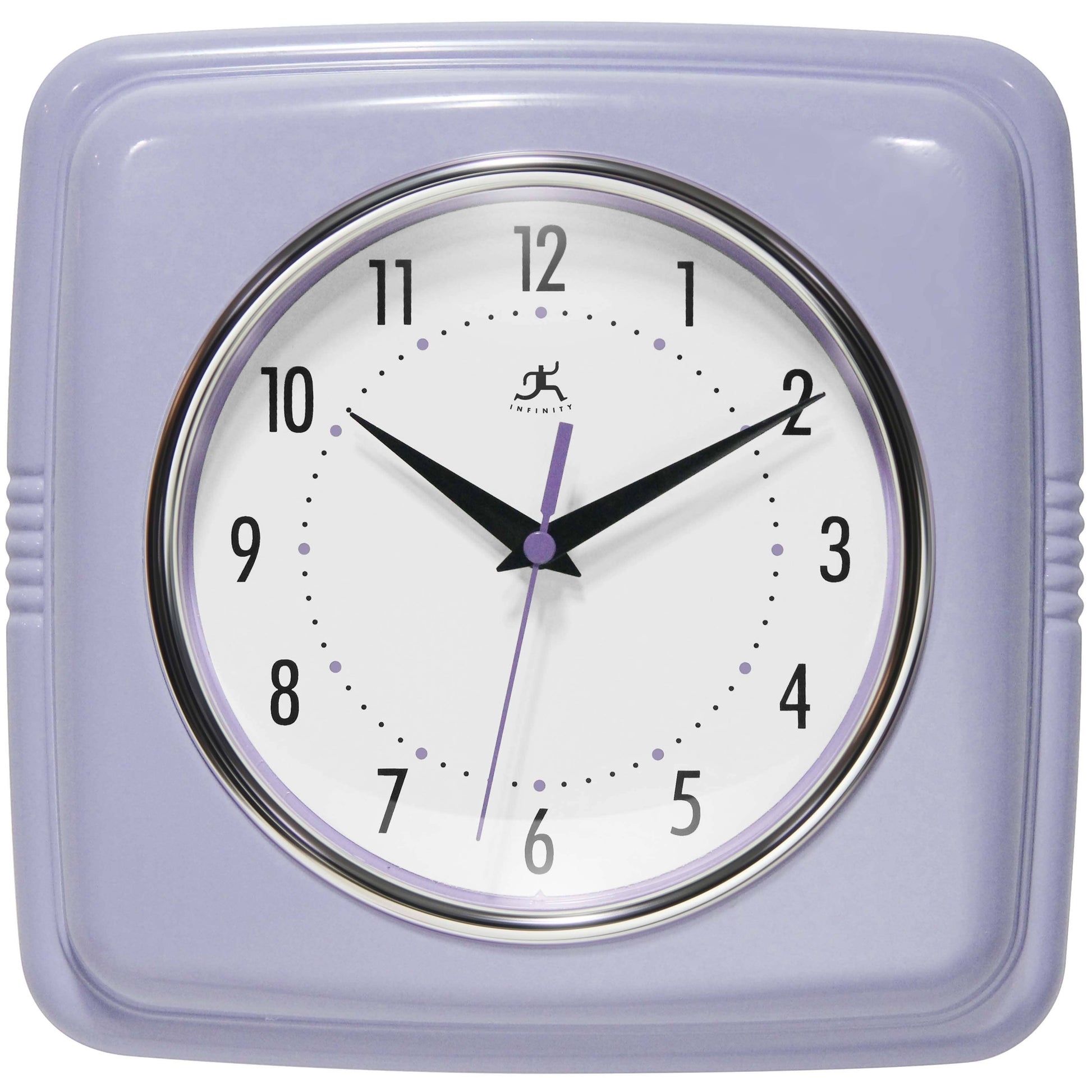 Mellow Monkey retro lilac square wall clock with white face and black hands. 9.25-in.