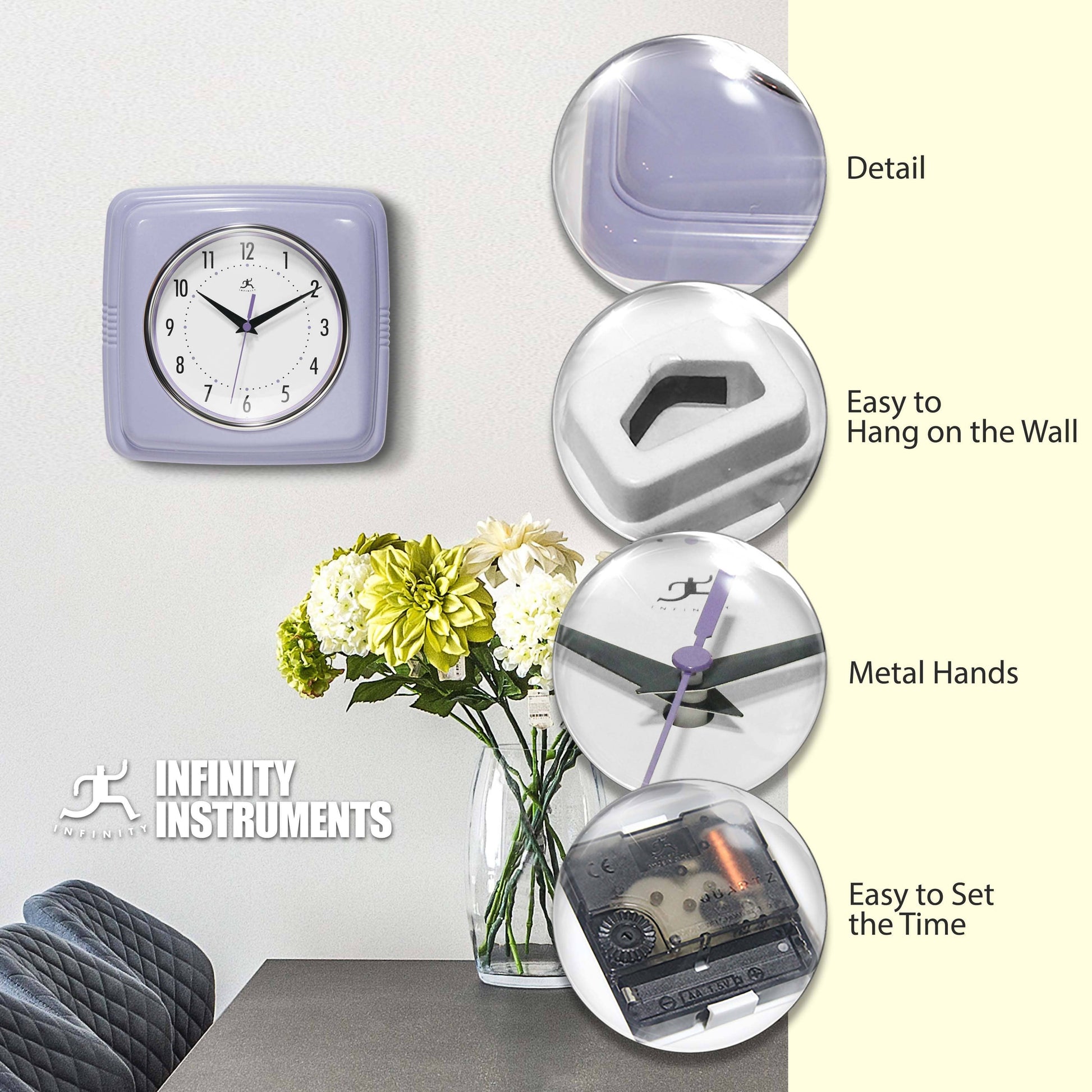 Mellow Monkey retro lilac square wall clock with white face and metal hands, 9.25-in