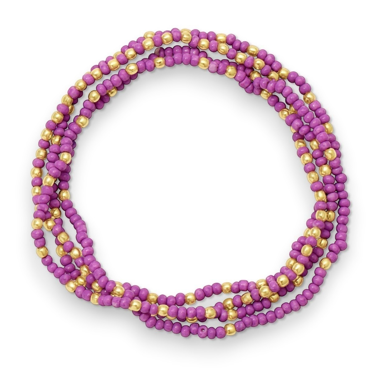 Mellow Monkey lilac seed bead stretch bracelet with 18K gold plated brass accents for a stackable layered look.
