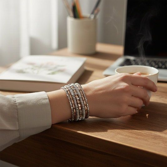 Mellow Monkey Lilia two-tone beaded cuff bracelet featuring mixed silver and gold beads on a woman's wrist