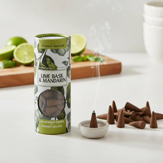 Mellow Monkey lime basil and mandarin scented incense cones with a small ceramic holder and decorative tube packaging.