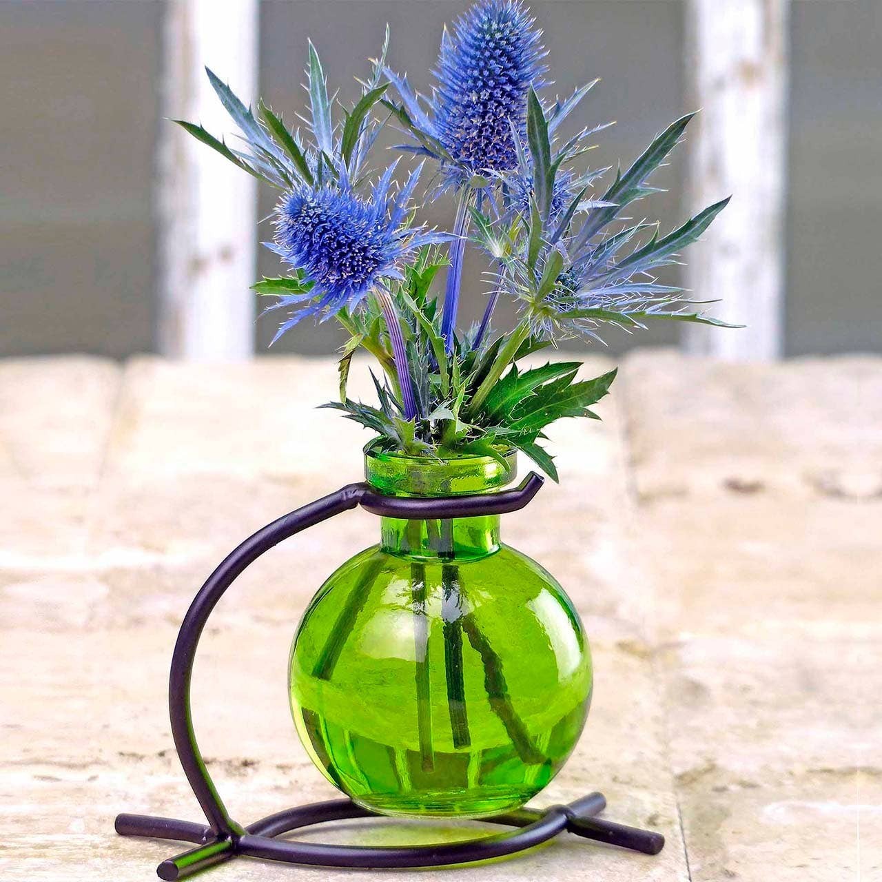 Mellow Monkey Casablanca lime green recycled glass mini vase suspended in a black metal stand with blue thistle