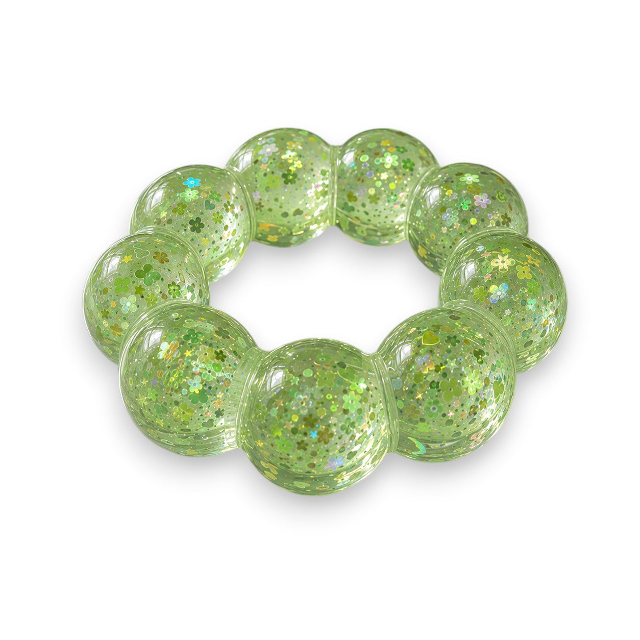 Mellow Monkey Lime Pop Feelzies sensory bracelet in translucent green with glittery flower and star confetti.
