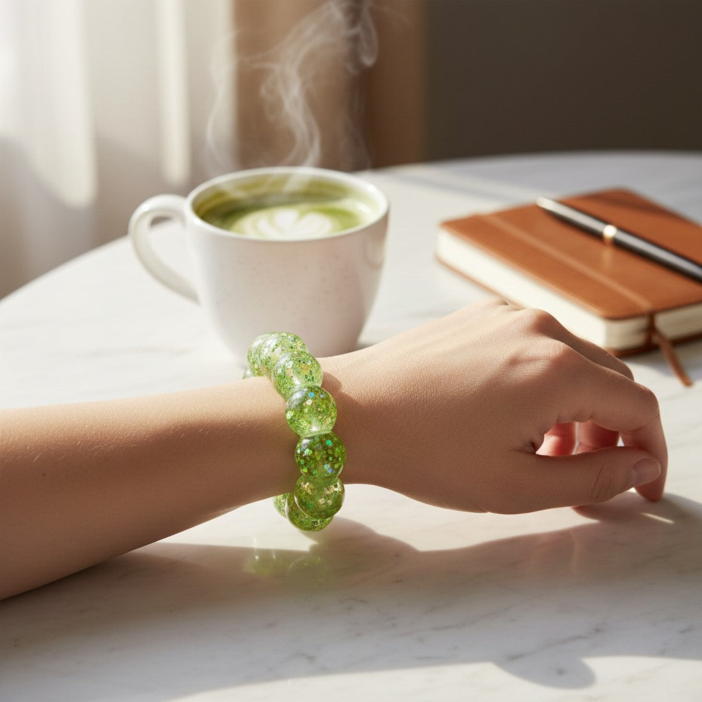 Mellow Monkey Lime Pop Feelzies sensory bracelet on a wrist next to a matcha latte and notebook on a marble table.