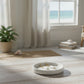 Mellow Monkey linear pearl and gold earrings resting in a white ceramic dish on a wooden table with a beach view.