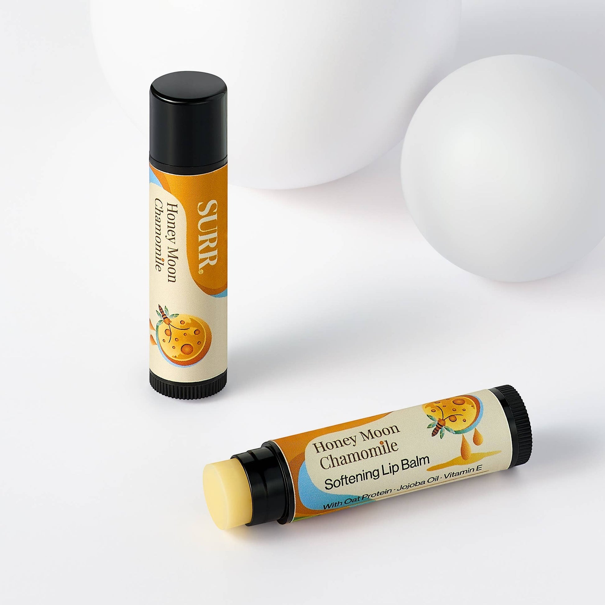 Mellow Monkey SURR Honey Moon Chamomile softening lip balm with oat protein, jojoba oil, and vitamin E.