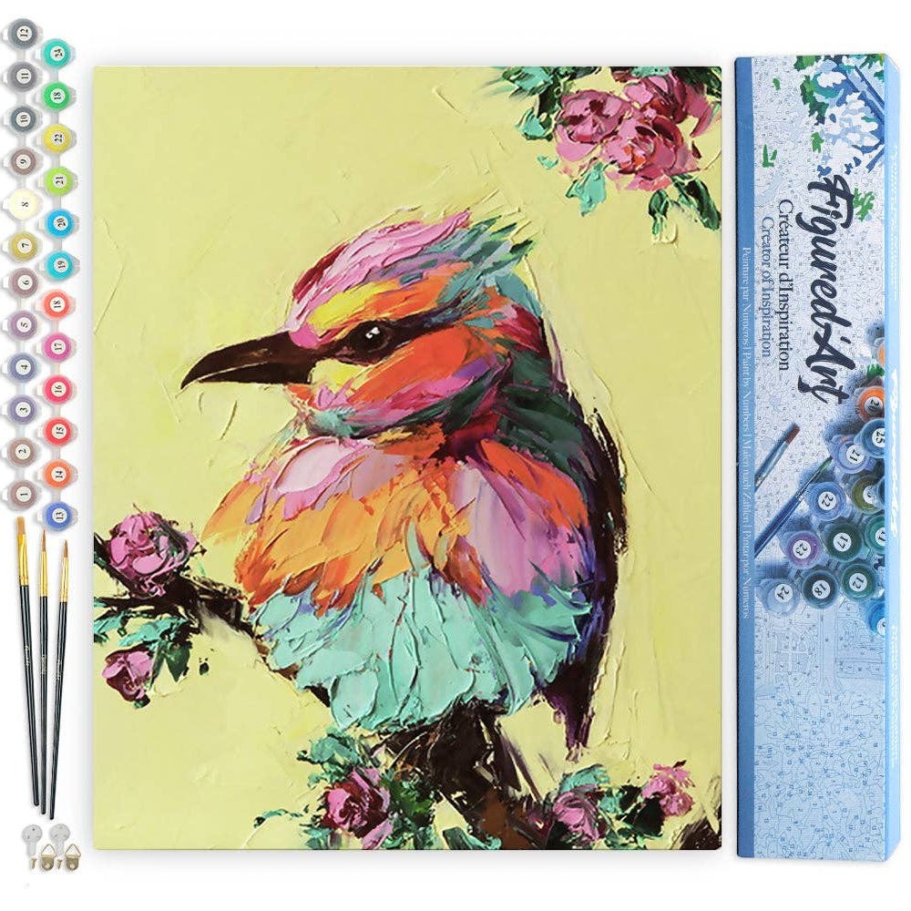 Mellow Monkey Little Bird paint by numbers kit, 16"x20", features a colorful bird on a branch with pink flowers against a yellow background.