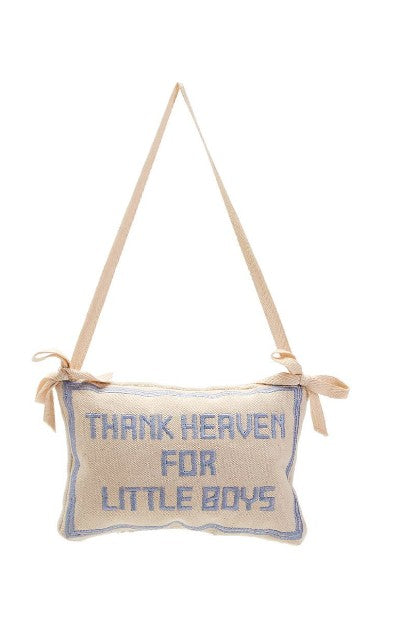 Mellow Monkey Thank Heaven For Little Boys cotton pillow door hanger with blue embroidery and ribbon ties